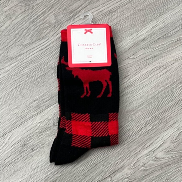 Charter Club Women's Holiday Crew Socks - Moose - Black & Red Buffalo Plaid - Picture 2 of 6